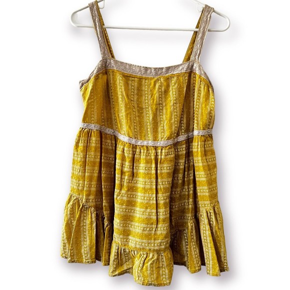 easel Tops - Easel Med Mustard Yellow Tiered Tank Top Baby Doll Crochet Boho Festival Peplum